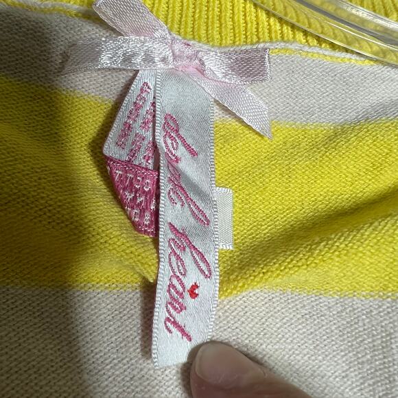 Derek Heart (L) Y2K Yellow Striped 3/4 Sleeve Button Up Cardigan Sweater Fitted - Picture 5 of 6